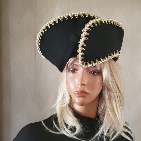 Vintage B Michael Indigo Blue Constructed Hat Gold Cording Pearls Wedding Events main image 8